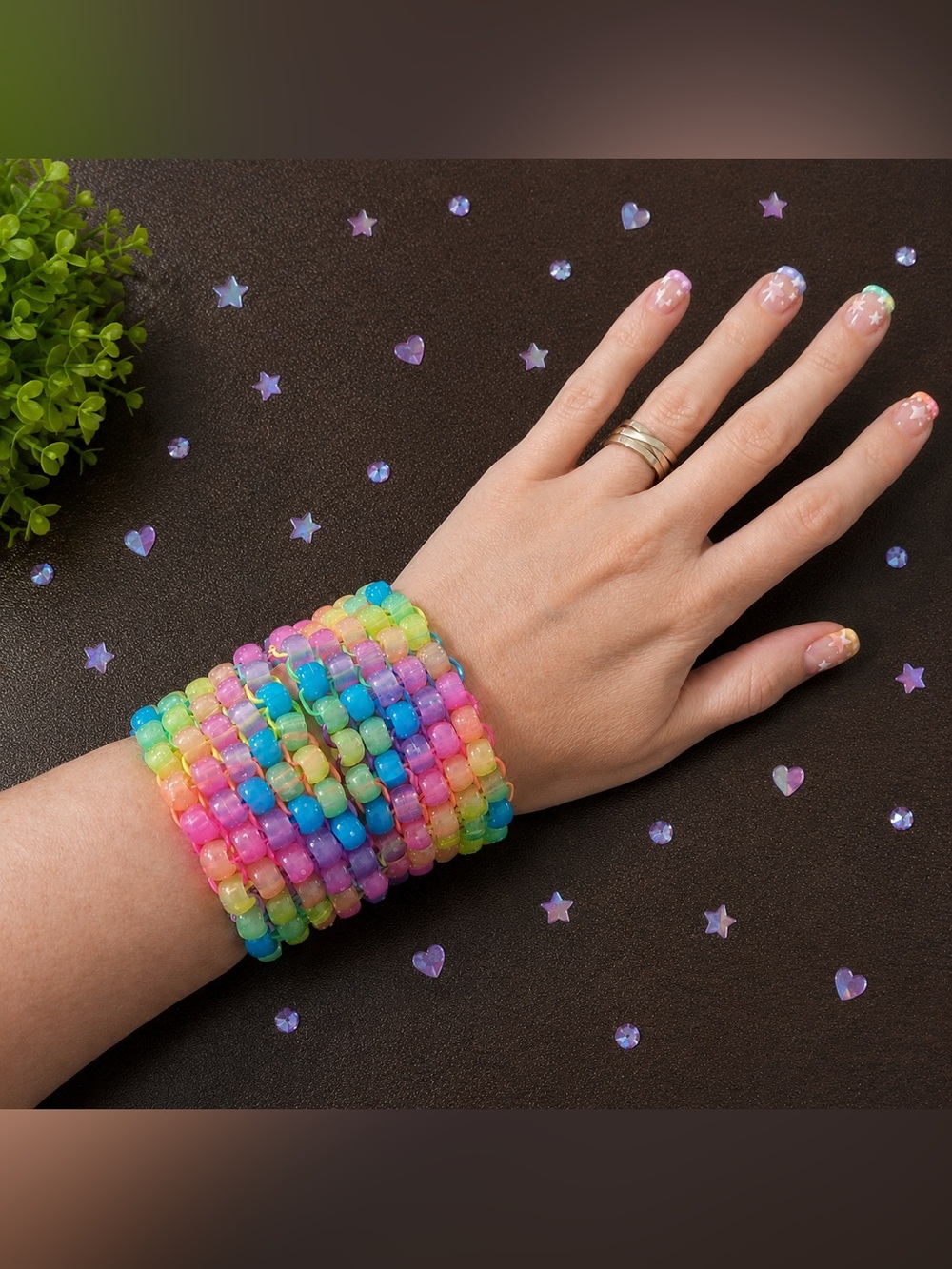 2 BFF festival Kandi kids rainbow glow stacked cuff bracelets.